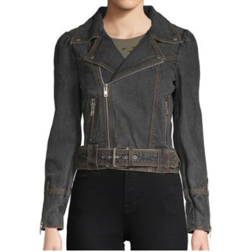 Manoush Denim Biker Jacket Motorcycle Washed Black Belted Size 40 US 8 - Picture 3 of 14